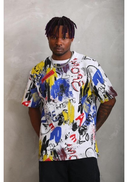 Unisex Oversize Baskılı Bisiklet Yaka T-Shirt - Beyaz