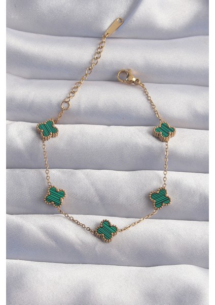 316L Çelik Baby Boy Gold Renk Çizgili Yeşil Mineli Yonca Bileklik - TJ-BB6271