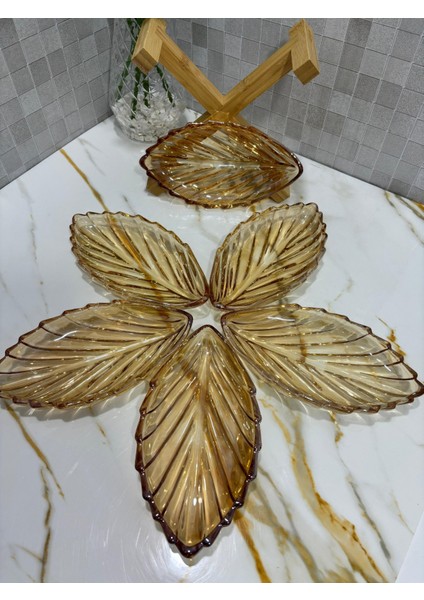 Bal Rengi 6'lı Yaprak Kahvaltılık, Çerezlik Seti Cam