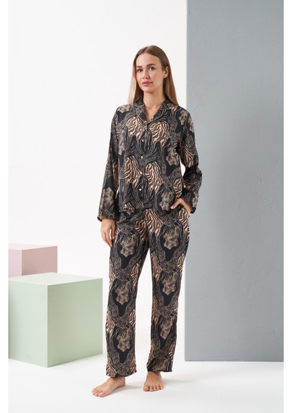 Kadın Siyah/leopar Pijama Takım - 28039R