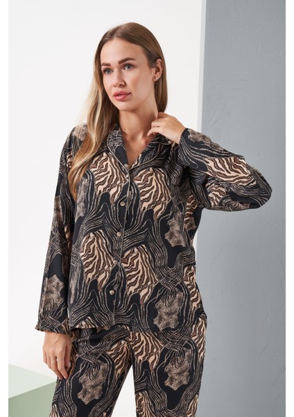 Kadın Siyah/leopar Pijama Takım - 28039R