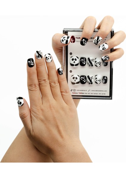 10'lu Siyah Kısa Yuvarlak TT1051 Tekrar Kullanılabilir El Yapımı Protez Takma Tırnak - Ten Rengi-Siyah-L fiyatları