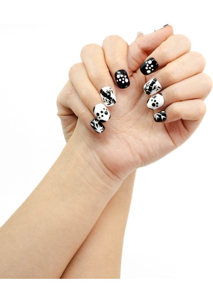 10'lu Siyah Kısa Yuvarlak TT1051 Tekrar Kullanılabilir El Yapımı Protez Takma Tırnak - Ten Rengi-Siyah-L fırsatları