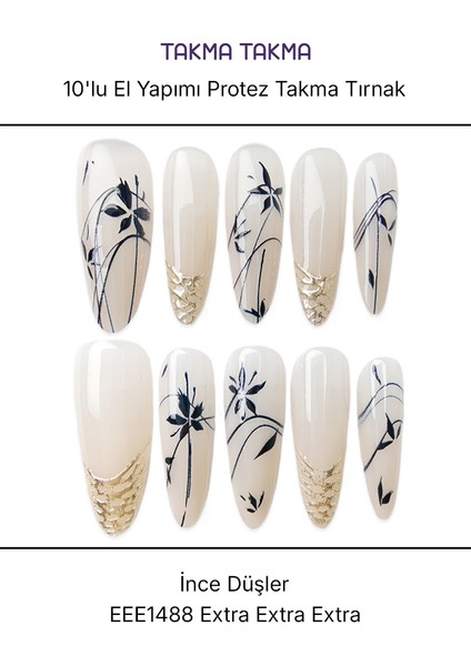 10'lu Ten Rengi Extra Extra Extra EEE1488 Tekrar Kullanılabilir El Yapımı Protez Takma Tırnak - Ten Rengi-S