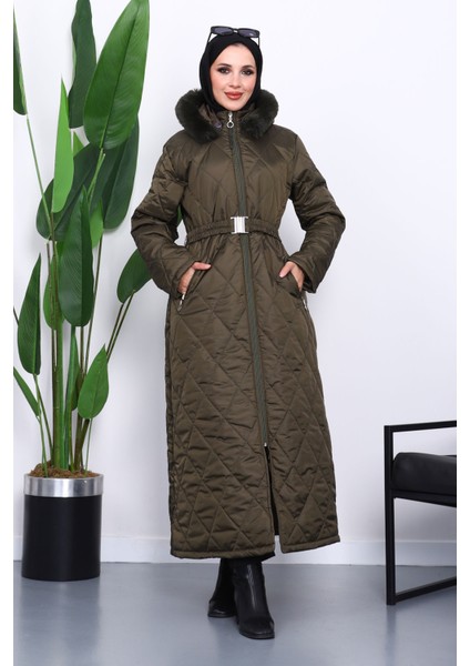 Haki Kapüşonlu Kapitone Uzun Şişme Mont