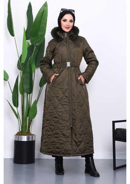 Haki Kapüşonlu Kapitone Uzun Şişme Mont fiyatları