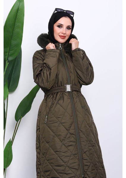 Haki Kapüşonlu Kapitone Uzun Şişme Mont modelleri