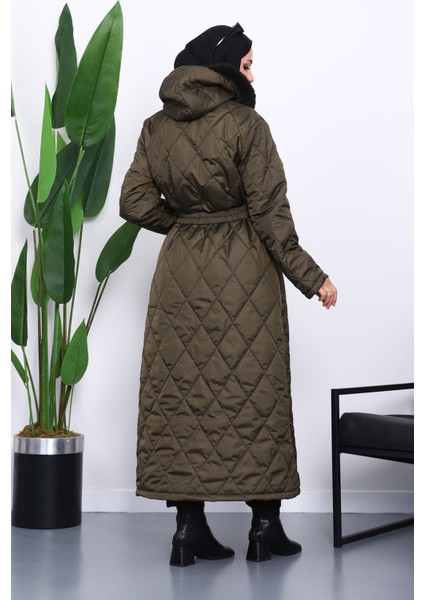 Haki Kapüşonlu Kapitone Uzun Şişme Mont fırsatları