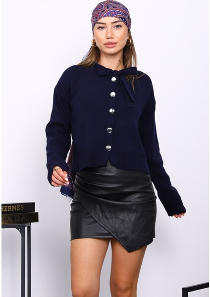 Lacivert Yaka Bağlamalı Düğmeli Triko Hırka