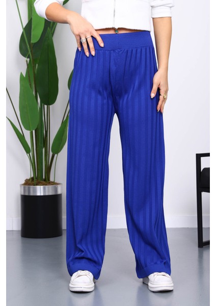 Saks Mavi Yüksek Bel Fitilli Bol Paça Triko Pantolon