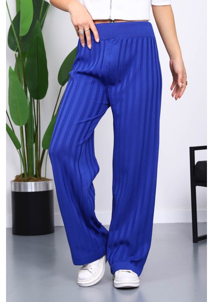 Saks Mavi Yüksek Bel Fitilli Bol Paça Triko Pantolon fiyatları