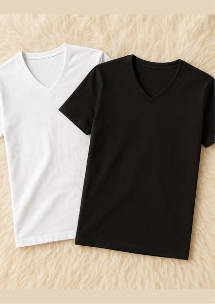 Erkek %100 Pamuklu V Yaka Kısa Kollu 2 Adet Siyah - Beyaz T-Shirt LL.IL10.KE12.001