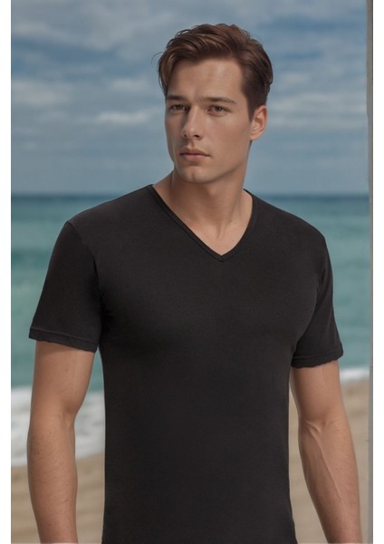 Erkek %100 Pamuklu V Yaka Kısa Kollu 2 Adet Siyah - Beyaz T-Shirt LL.IL10.KE12.001 fiyatları