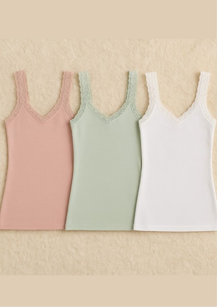 Kadın Dantel Detaylı Modal & Pamuklu Askılı Beyaz - Pudra - Yeşil 3 Adet Atlet LL.K66.O062.001