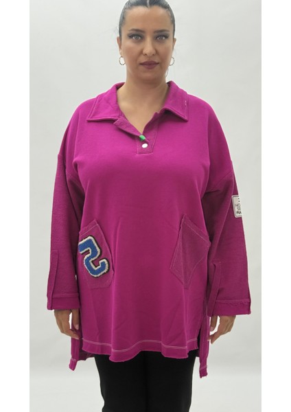 Büyük Beden Yakalı Cepli Sloganlı Uzun Kol Oversize Viskon Kadın Tunik Sweatshirt