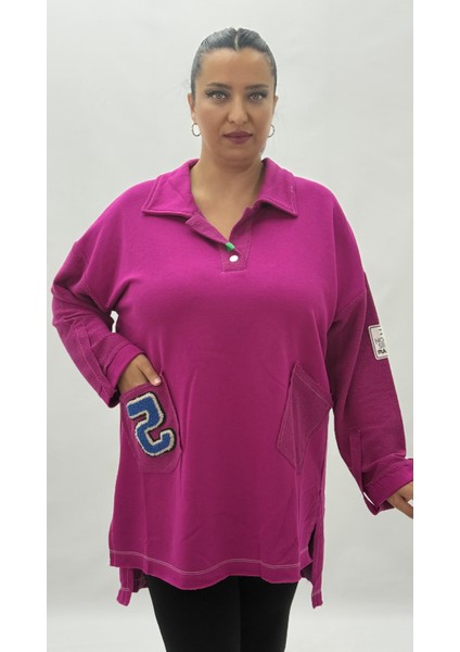 Büyük Beden Yakalı Cepli Sloganlı Uzun Kol Oversize Viskon Kadın Tunik Sweatshirt fiyatları