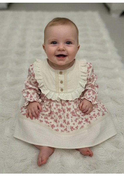 Vintage Tarz Uzun Kollu Kız Bebek Elbisesi-Pembe Çiçekli, Fırfırlı Yaka