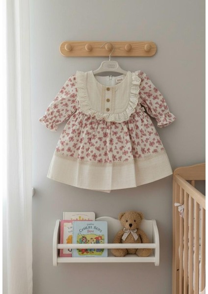 Vintage Tarz Uzun Kollu Kız Bebek Elbisesi-Pembe Çiçekli, Fırfırlı Yaka modelleri