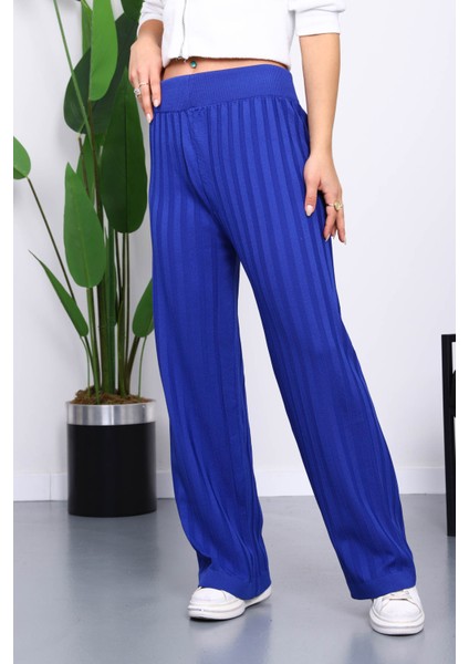 Saks Mavi Yüksek Bel Fitilli Bol Paça Triko Pantolon modelleri