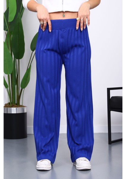 Saks Mavi Yüksek Bel Fitilli Bol Paça Triko Pantolon fırsatları