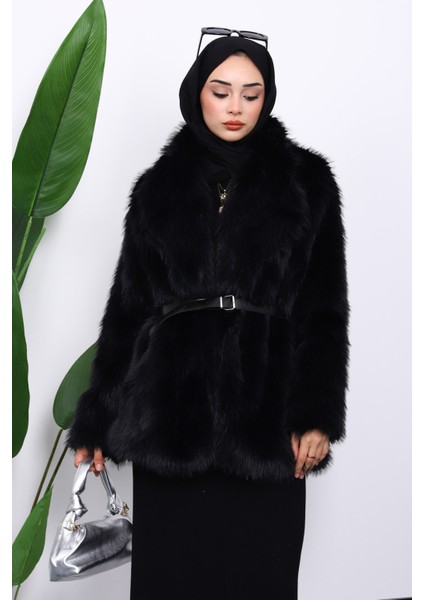 Siyah Kemerli Kısa Kürk Kaban