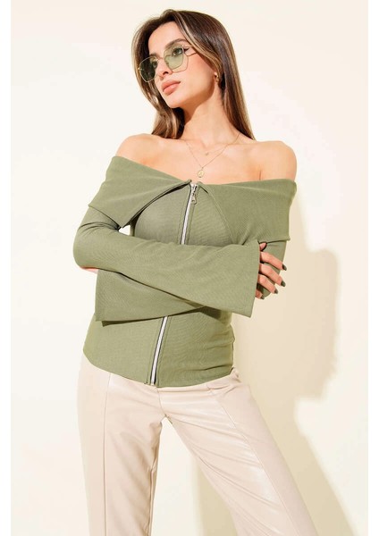 Omzu Açık Fermuarlı Bluz Haki T4330 fiyatları