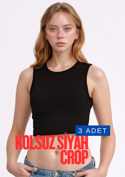 Kadın Giyim Pamuklu & Elastan Kolsuz Bisiklet Yaka 3 Adet Siyah Crop LL.011.ILK.109