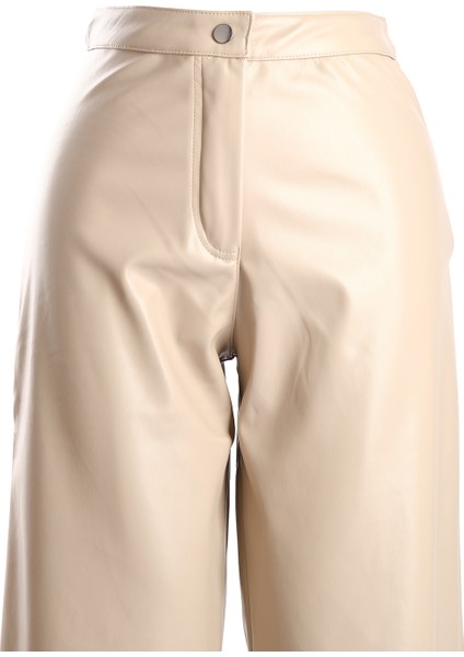 Vedi Minimalist Deri Yüksek Bel Geniş Paça Kadın Pantolon - Günlük & Şık