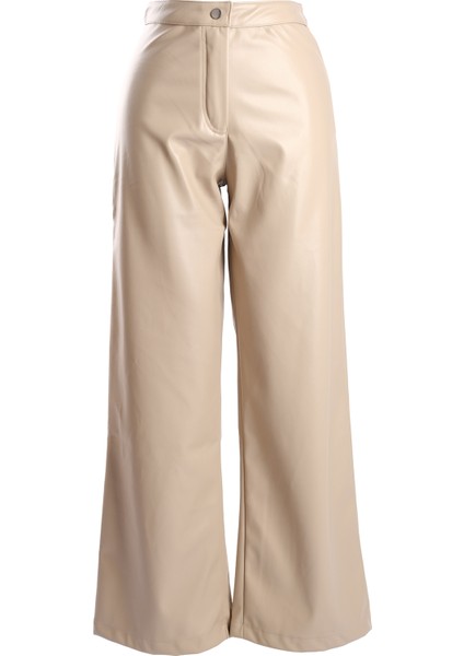 Vedi Minimalist Deri Yüksek Bel Geniş Paça Kadın Pantolon - Günlük & Şık fiyatları