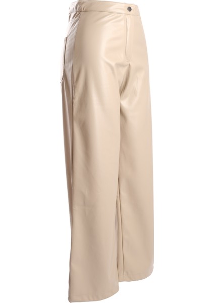 Vedi Minimalist Deri Yüksek Bel Geniş Paça Kadın Pantolon - Günlük & Şık fırsatları