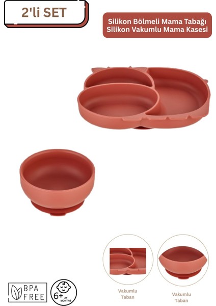 2'li Silikon Bebek Beslenme Seti / Bölmeli Mama Tabağı / Mama Kasesi - Kiremit Rengi