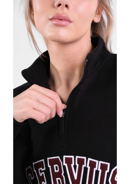 Vela Fermuar Yaka 3 Iplik Içi Polarlı Şardonlu Oversize Sweatshirt