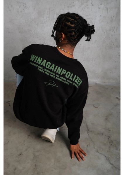 Erkek Oversize Sweatshirt - Siyah Renk | Ön ve Sırt Baskılı, Üç Iplik Içi Pamuklu Kumaş, Rahat Kalıp, Ribanalı Kışlık Sweat | Winagain Polizei Serisi - Siyah