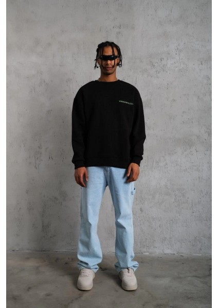 Erkek Oversize Sweatshirt - Siyah Renk | Ön ve Sırt Baskılı, Üç Iplik Içi Pamuklu Kumaş, Rahat Kalıp, Ribanalı Kışlık Sweat | Winagain Polizei Serisi - Siyah fırsatları