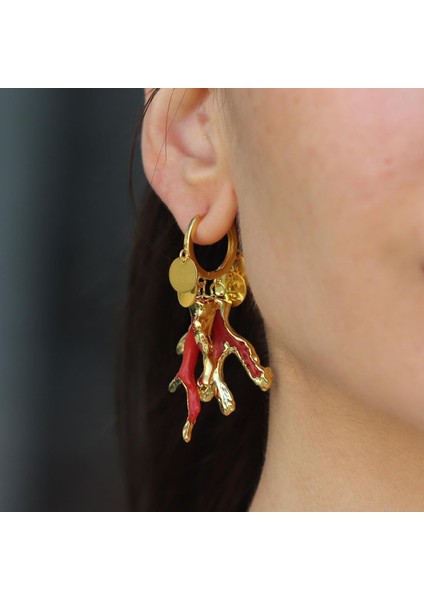 Mercan Modeli Pul Gold Gümüş Küpe