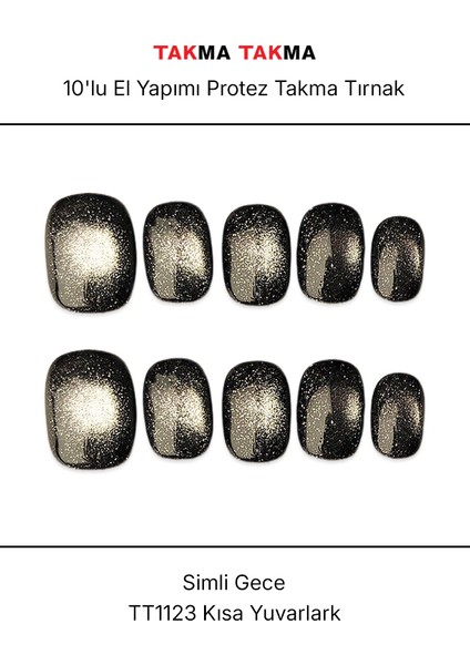 10'lu Siyah Kısa Yuvarlak TT1123 Tekrar Kullanılabilir El Yapımı Protez Takma Tırnak - Siyah-S