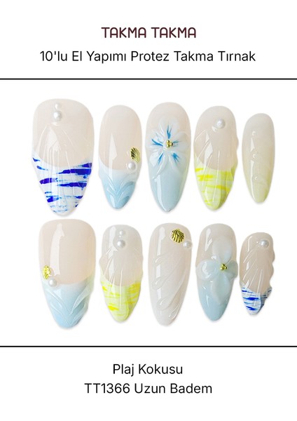 10'lu Renkli Uzun Badem TT1366 Tekrar Kullanılabilir El Yapımı Protez Takma Tırnak - Renkli-L
