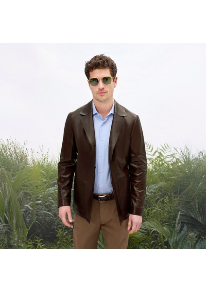 Erkek Kahve Gömlek Yaka Deri Blazer Ceket