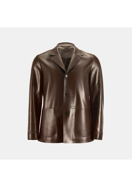 Erkek Kahve Gömlek Yaka Deri Blazer Ceket modelleri