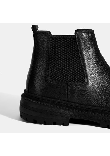 Erkek Siyah Lastik Detaylı Deri Bot