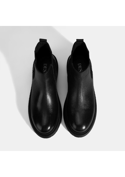 Erkek Siyah Lastik Detaylı Deri Bot