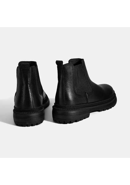 Erkek Siyah Lastik Detaylı Deri Bot