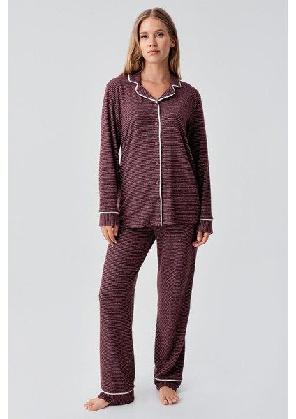Uzun Kollu Düğmeli Esnek Yumuşak Dokulu Viskoz Pijama Takım 18217