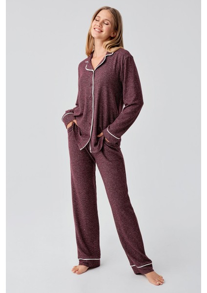 Uzun Kollu Düğmeli Esnek Yumuşak Dokulu Viskoz Pijama Takım 18217 fiyatları