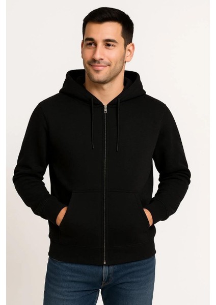 Erkek Üç Iplik Kapüşonlu Tam Fermuarlı Kanguru Çepli Sweatshirt Hoodie - Siyah fiyatları