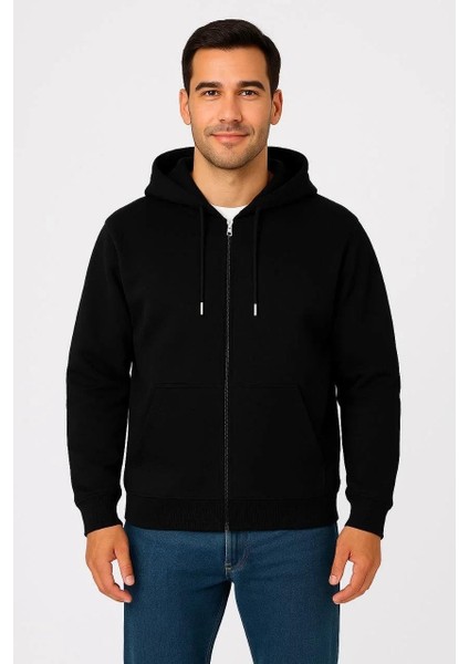 Erkek Üç Iplik Kapüşonlu Tam Fermuarlı Kanguru Çepli Sweatshirt Hoodie - Siyah fırsatları