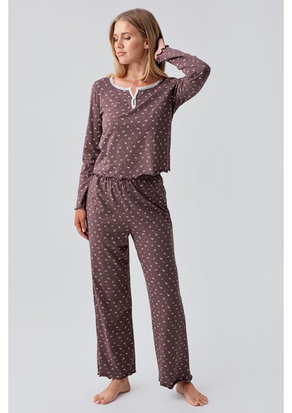 Uzun Kollu Desenli Düğmeli Esnek Pamuklu Pijama Takım 18202