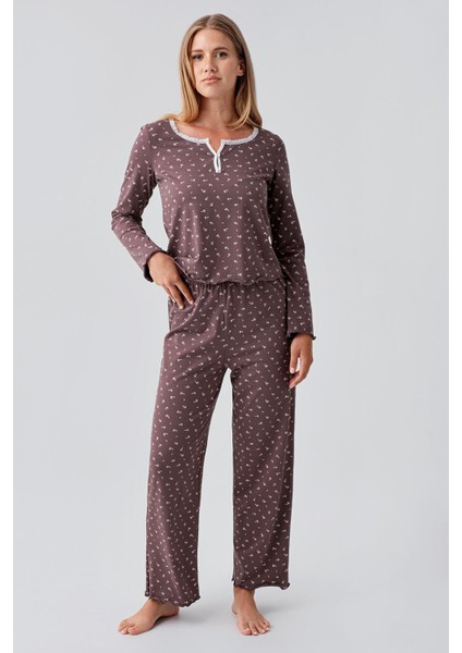 Uzun Kollu Desenli Düğmeli Esnek Pamuklu Pijama Takım 18202 fiyatları