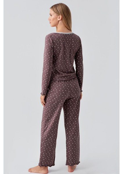 Uzun Kollu Desenli Düğmeli Esnek Pamuklu Pijama Takım 18202 modelleri