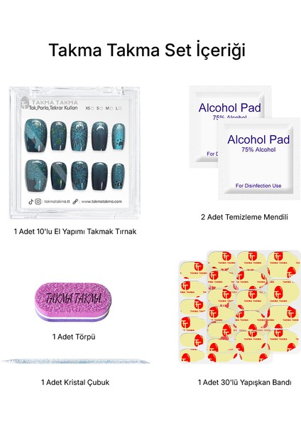 10'lu Mavi Kısa Balerin TT1145 Tekrar Kullanılabilir El Yapımı Protez Takma Tırnak - Mavi-XS fiyatları